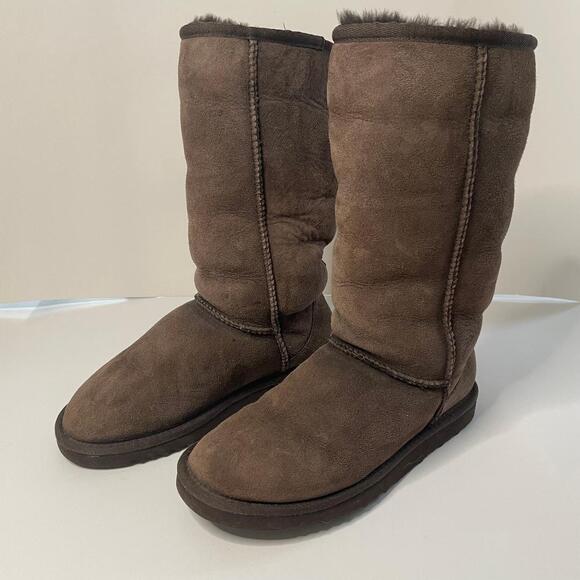 UGG Australia Leather Sheepskin Classic Tall Rollover 5815 Chestnut Brown Size 5 - Picture 1 of 9